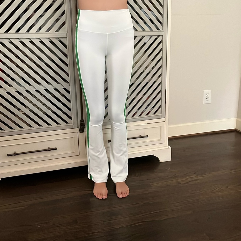 Splits59 flare leggings, white with green stripes down each side!
